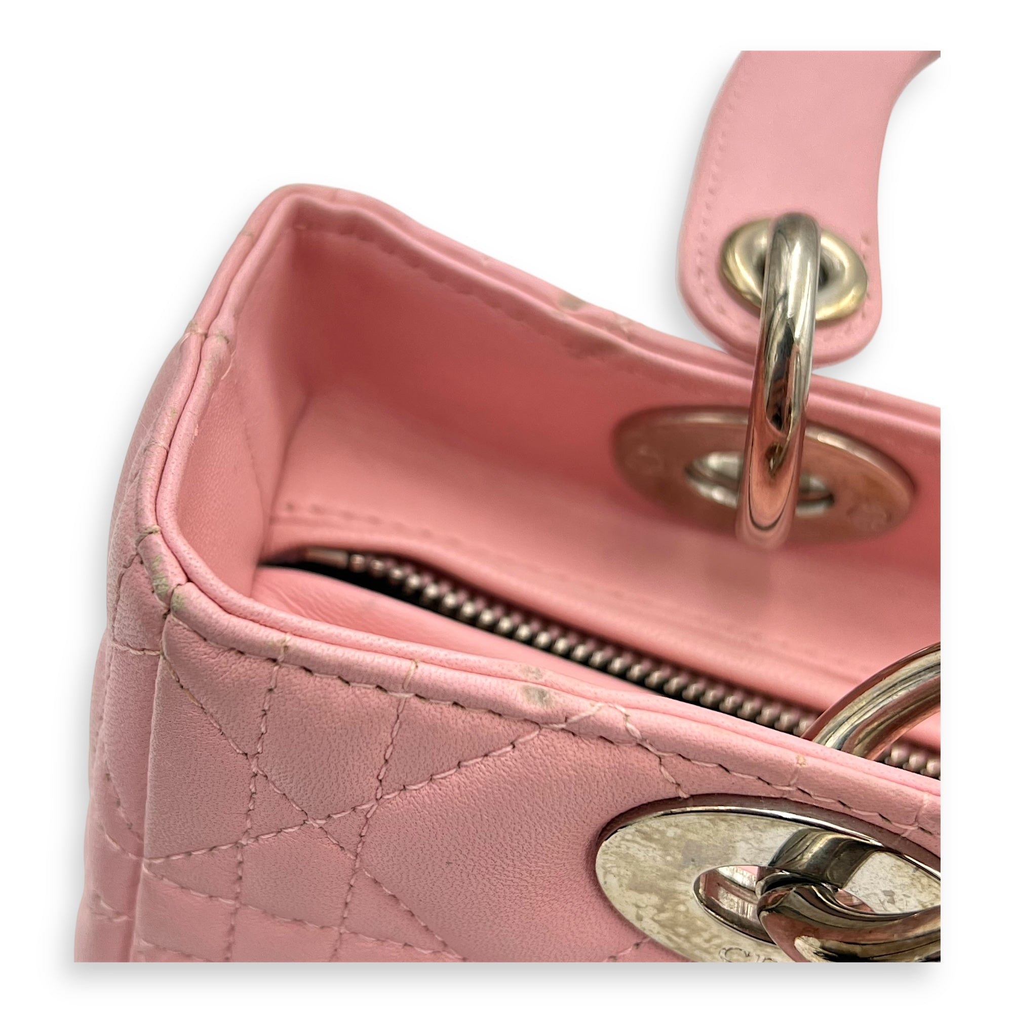 Lady Dior Top Handle Bag Medium Pink in Calfskin, Silver hardware - Image 13