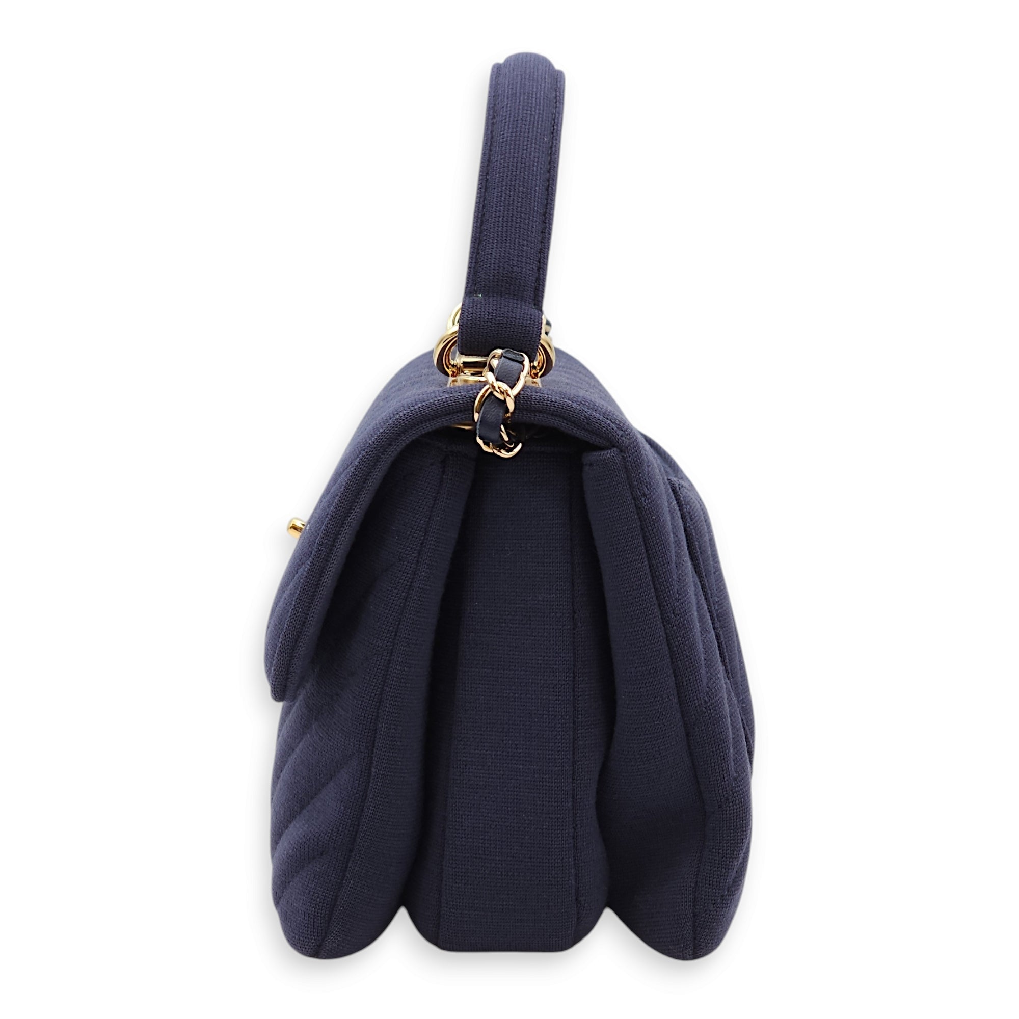 Chevron Trendy CC Small Blue Top Handle Bag in Jersey, Gold hardware - Image 6
