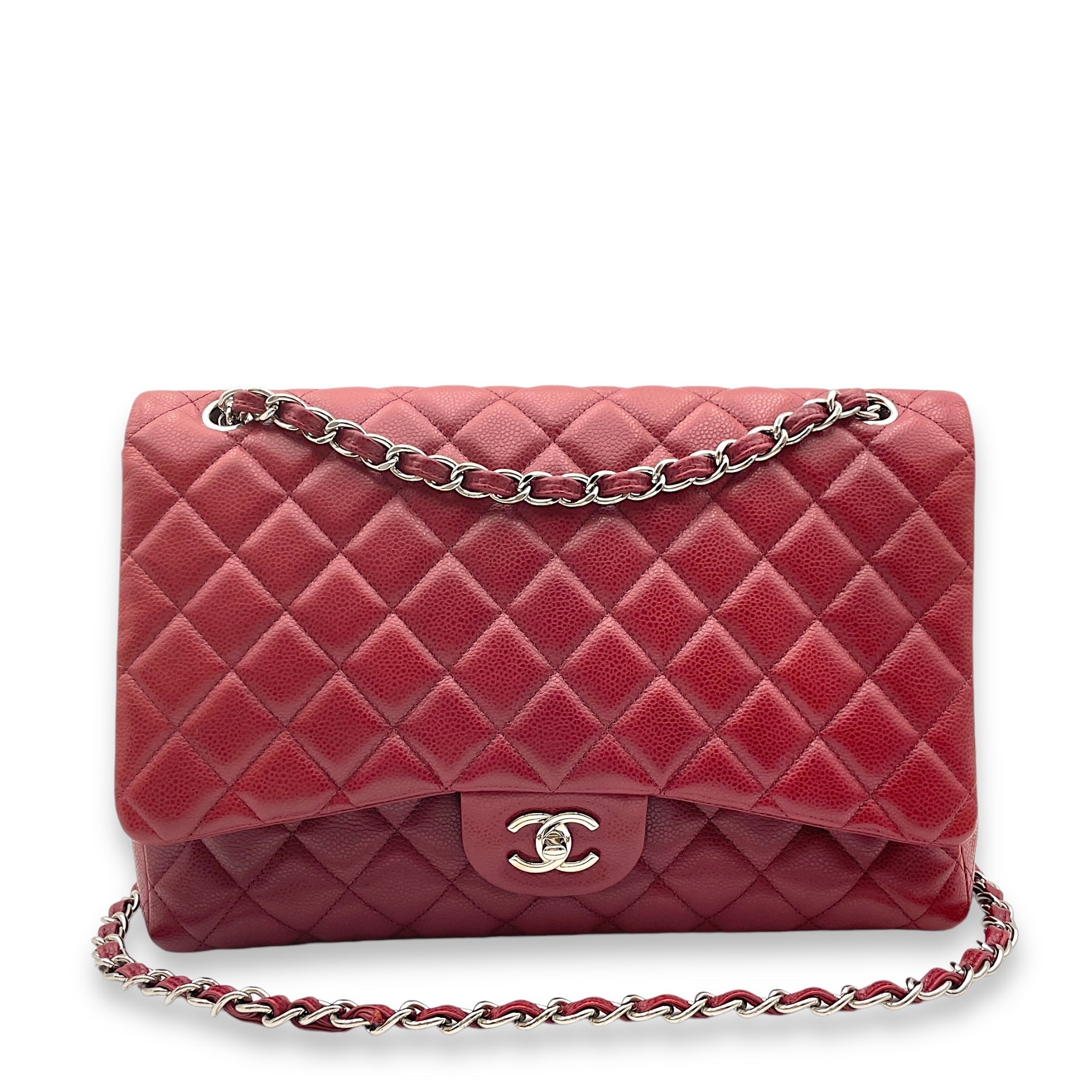 Classic Single Flap Red Shoulder Bag in Caviar Leather, Silver hardware - Image 9