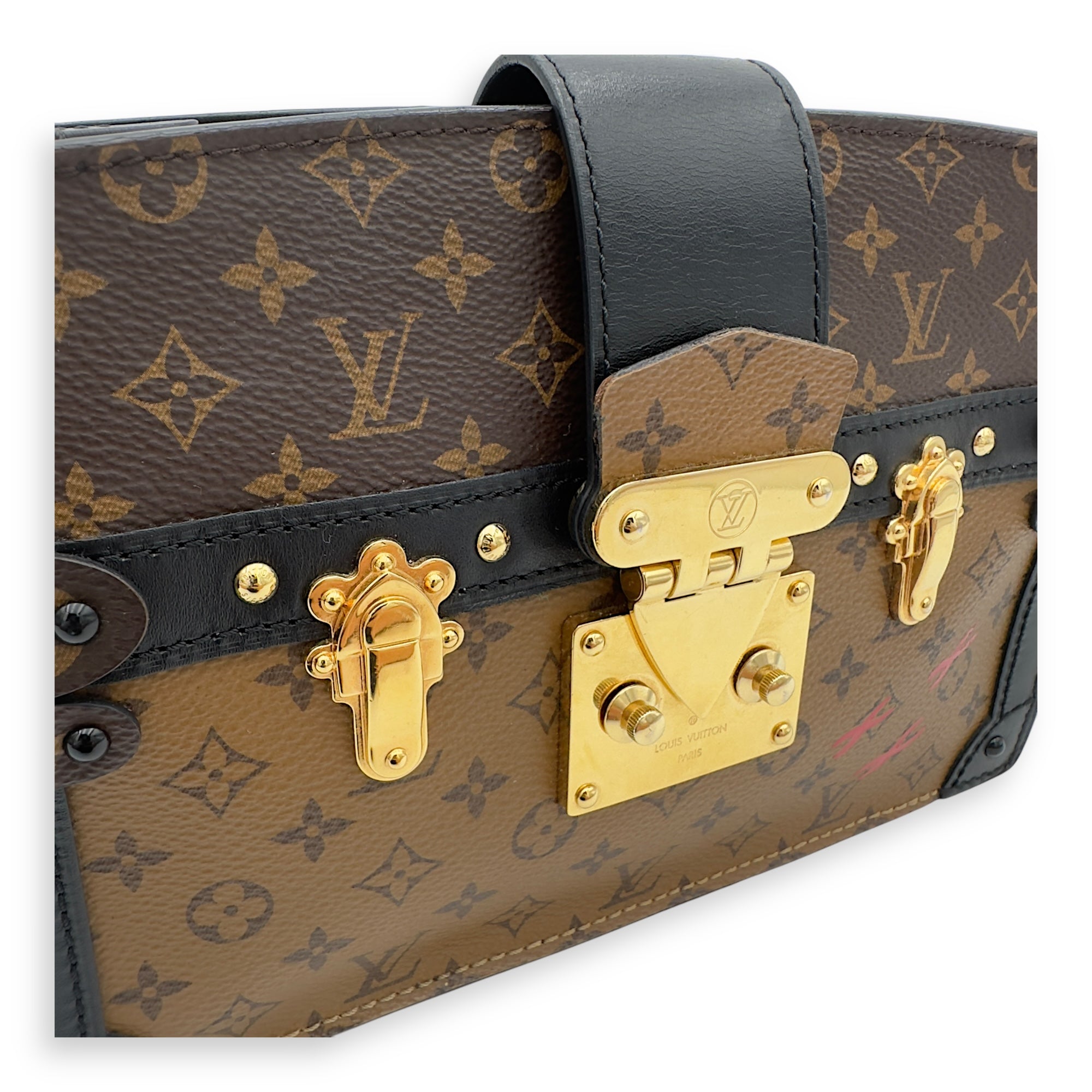 Trunk Clutch 2 Way Brown Crossbody Bag in Coated Canvas, Gold hardware - Image 11