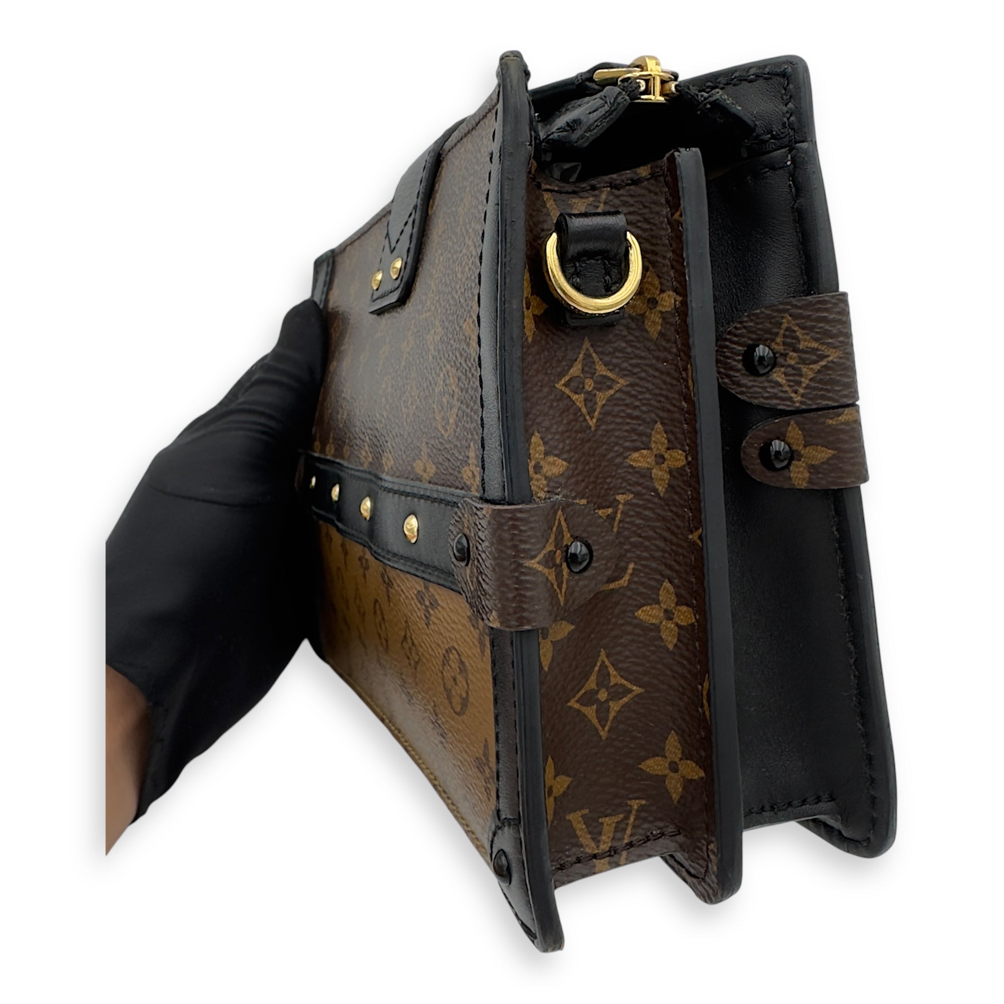 Trunk Clutch 2 Way Brown Crossbody Bag in Coated Canvas, Gold hardware - Image 15