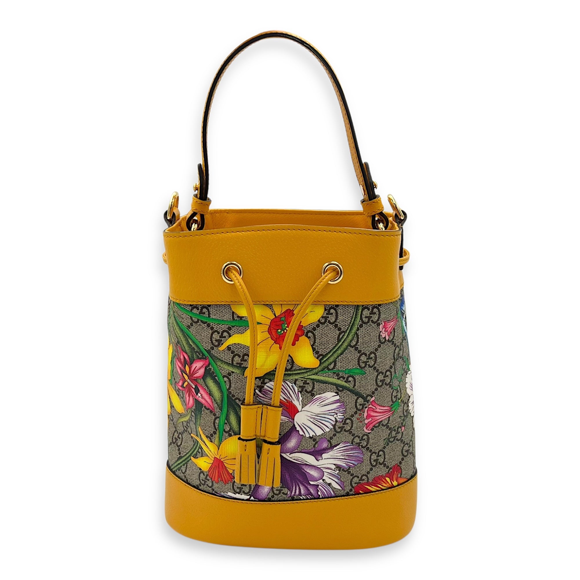 Ophidia Bucket Bag Yellow in Coated Canvas, Gold hardware