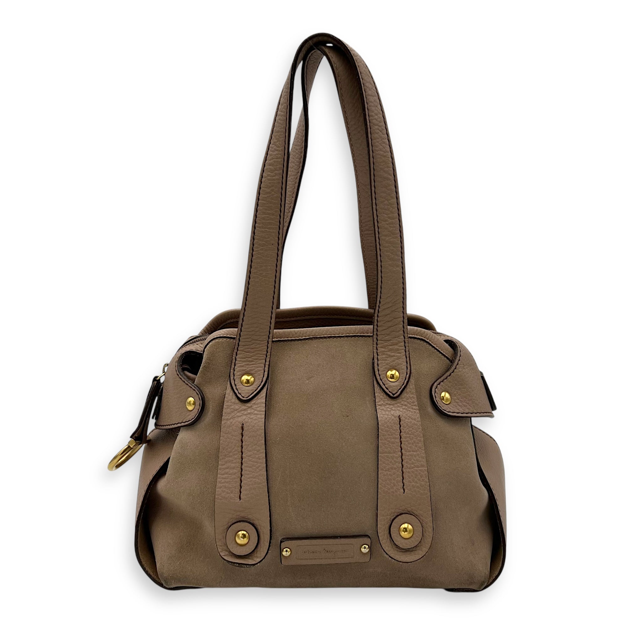 Gancini Beige Shoulder Bag in Suede Leather, Gold hardware