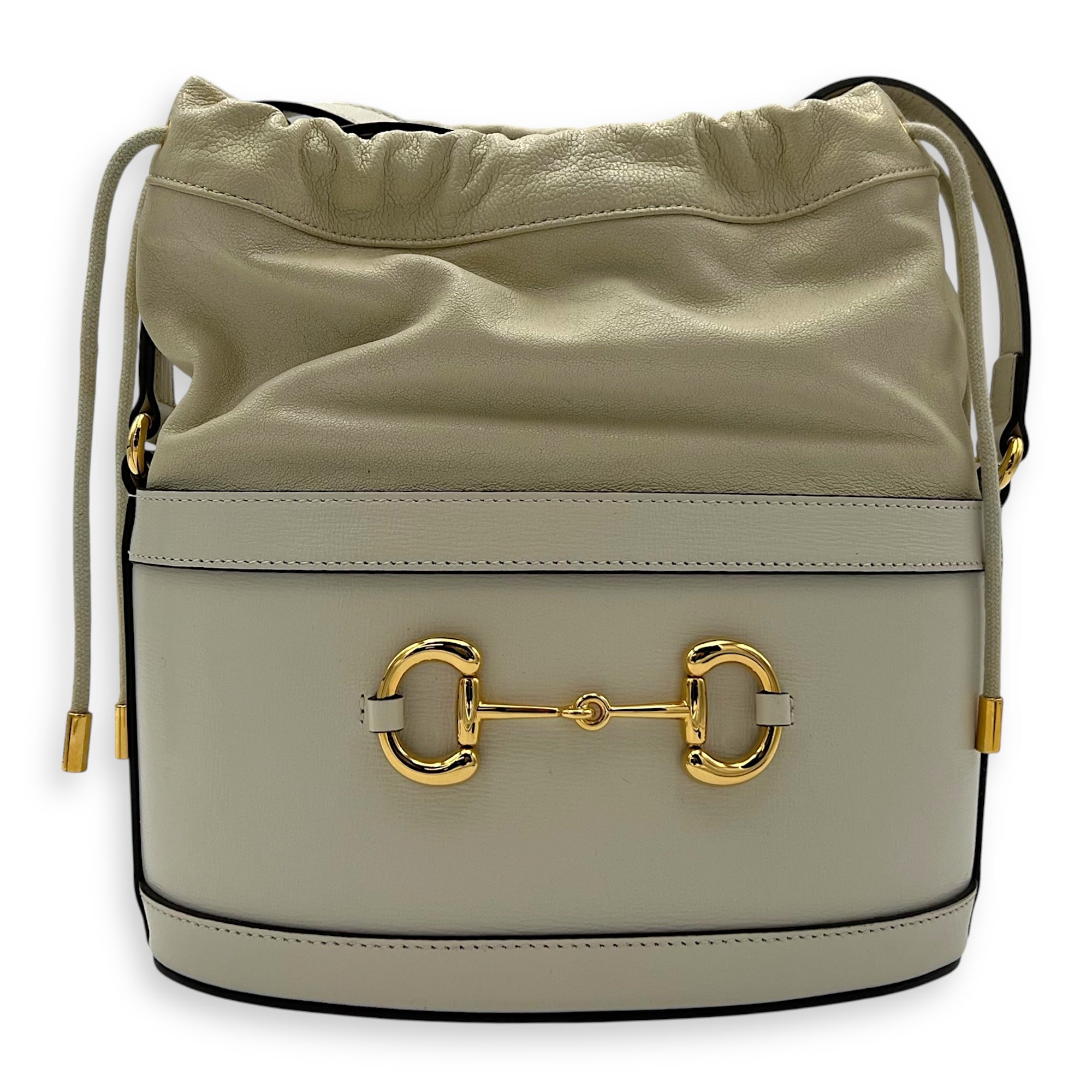 Horsebit 1955 White Bucket Bag in Calfskin, Gold hardware