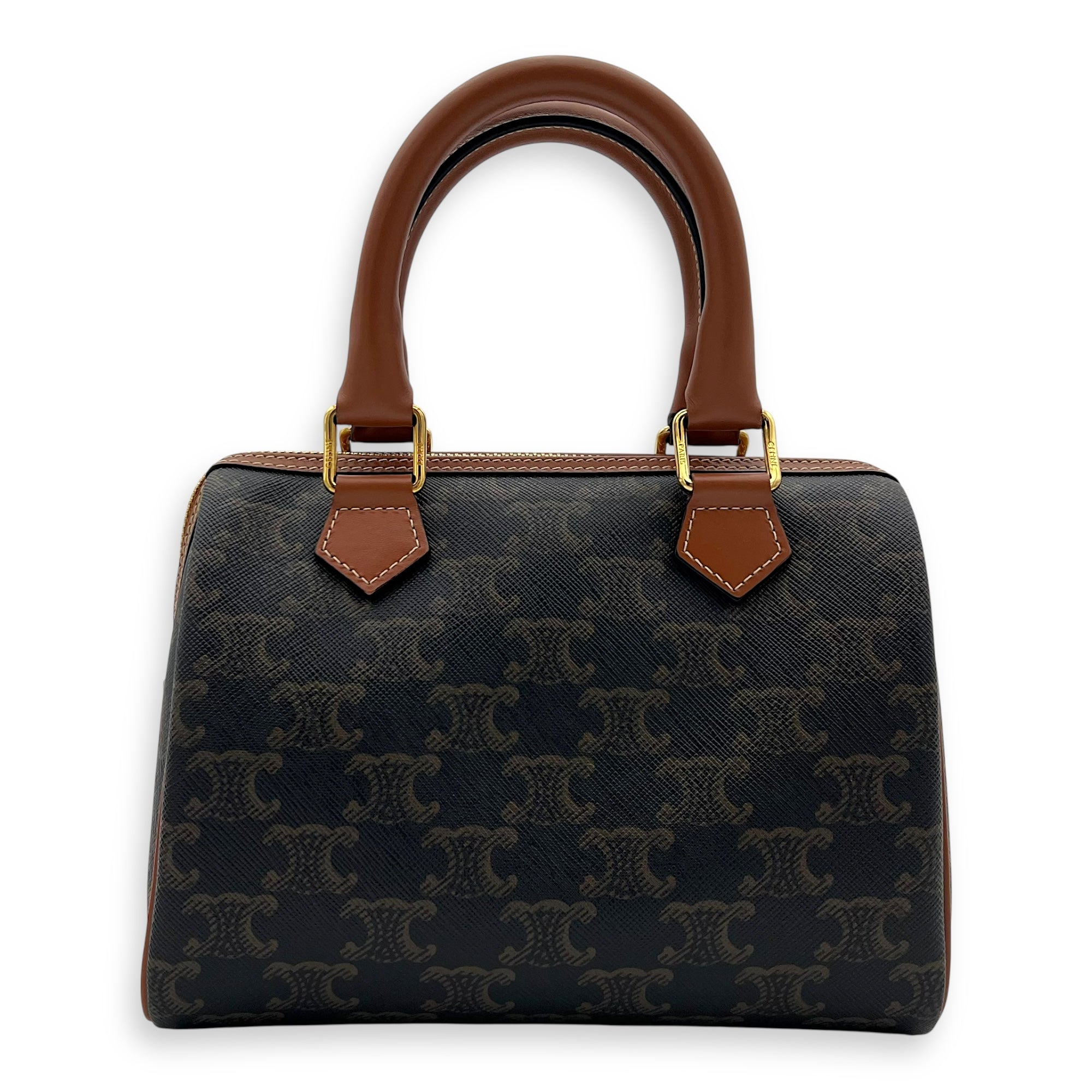 Triomphe Boston Brown Top Handle Bag in Coated Canvas, Gold hardware - Image 3