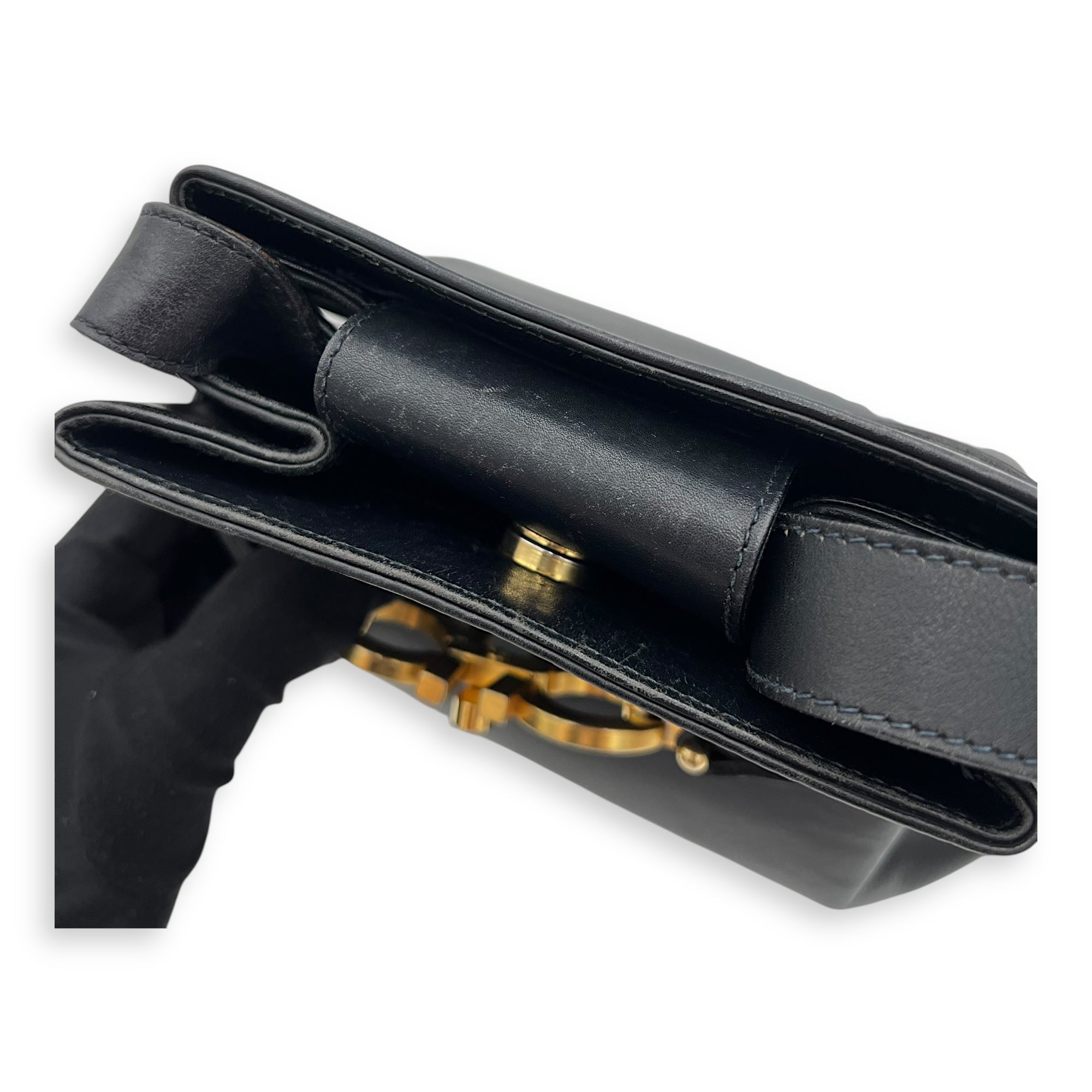 Gancini Black Shoulder Bag in Calfskin, Gold hardware - Image 15