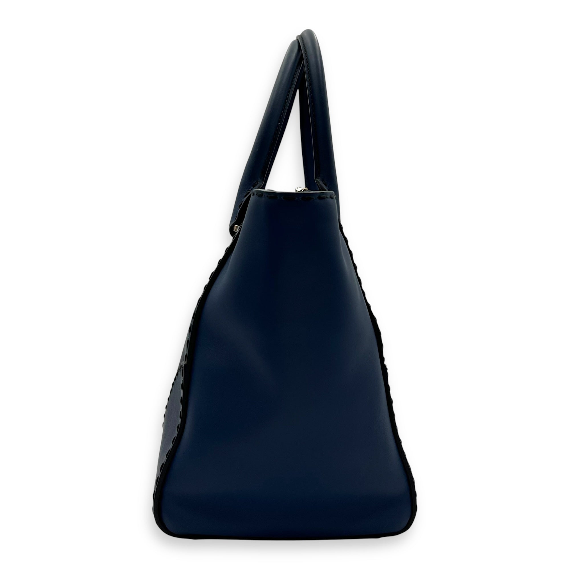 Logo Top Handle Bag Blue in Calfskin, Gold hardware - Image 5