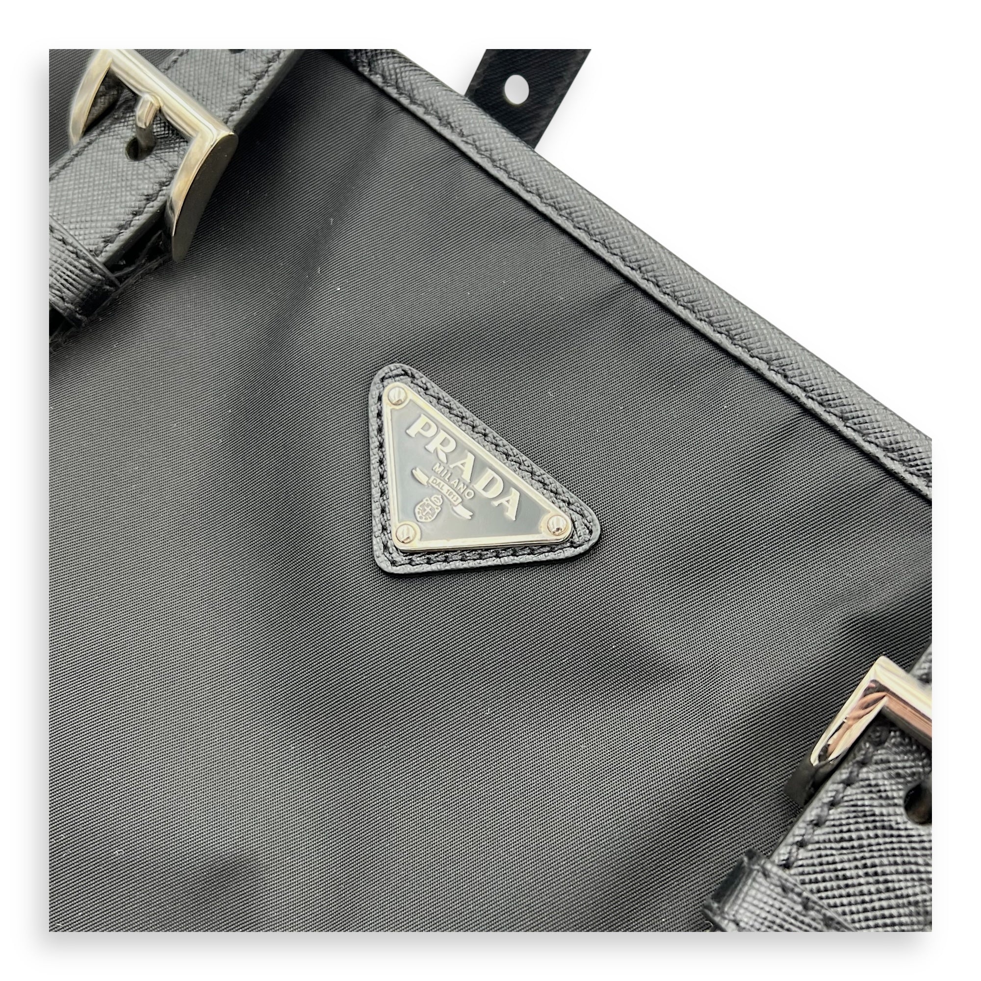 Re-Nylon Top Handle Bag Black in Nylon, Silver hardware - Image 7