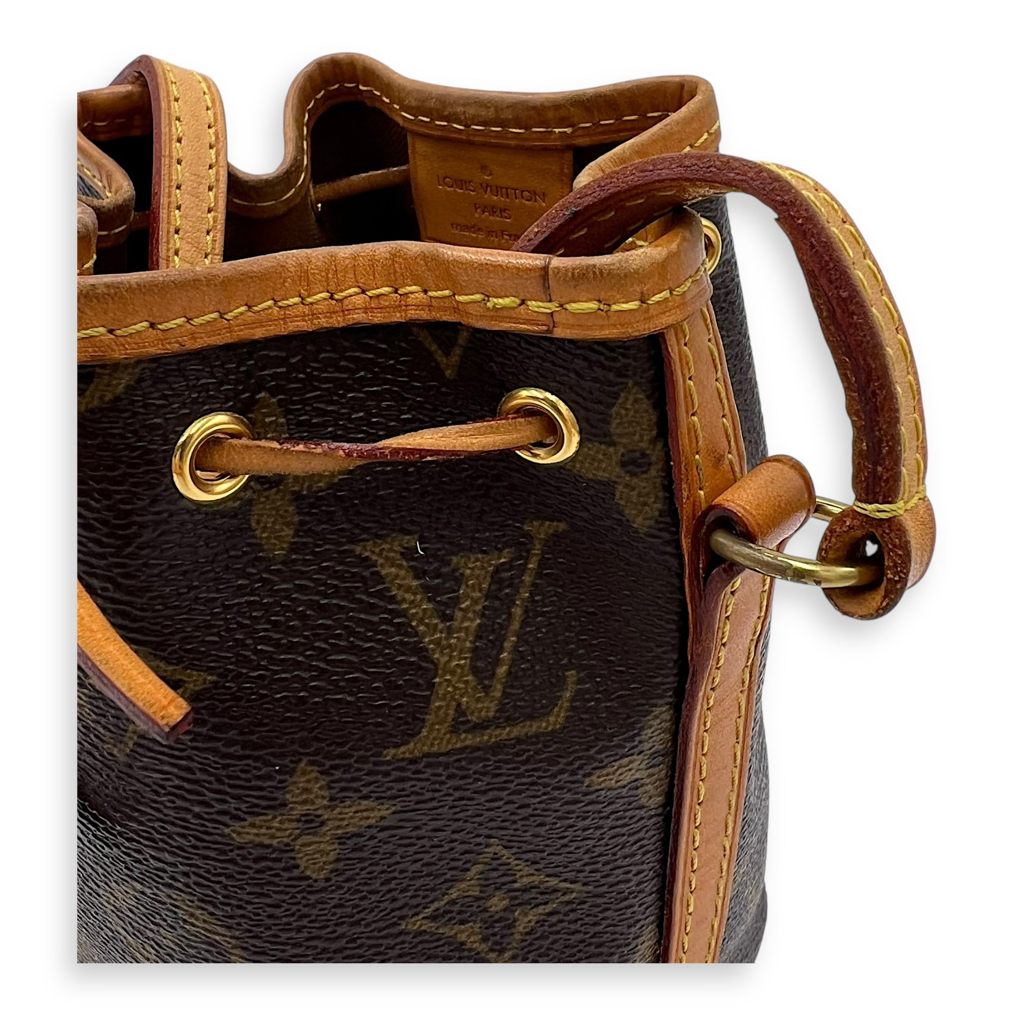 Noe Nano Brown Bucket Bag in Monogram Coated Canvas, Gold hardware - Image 11