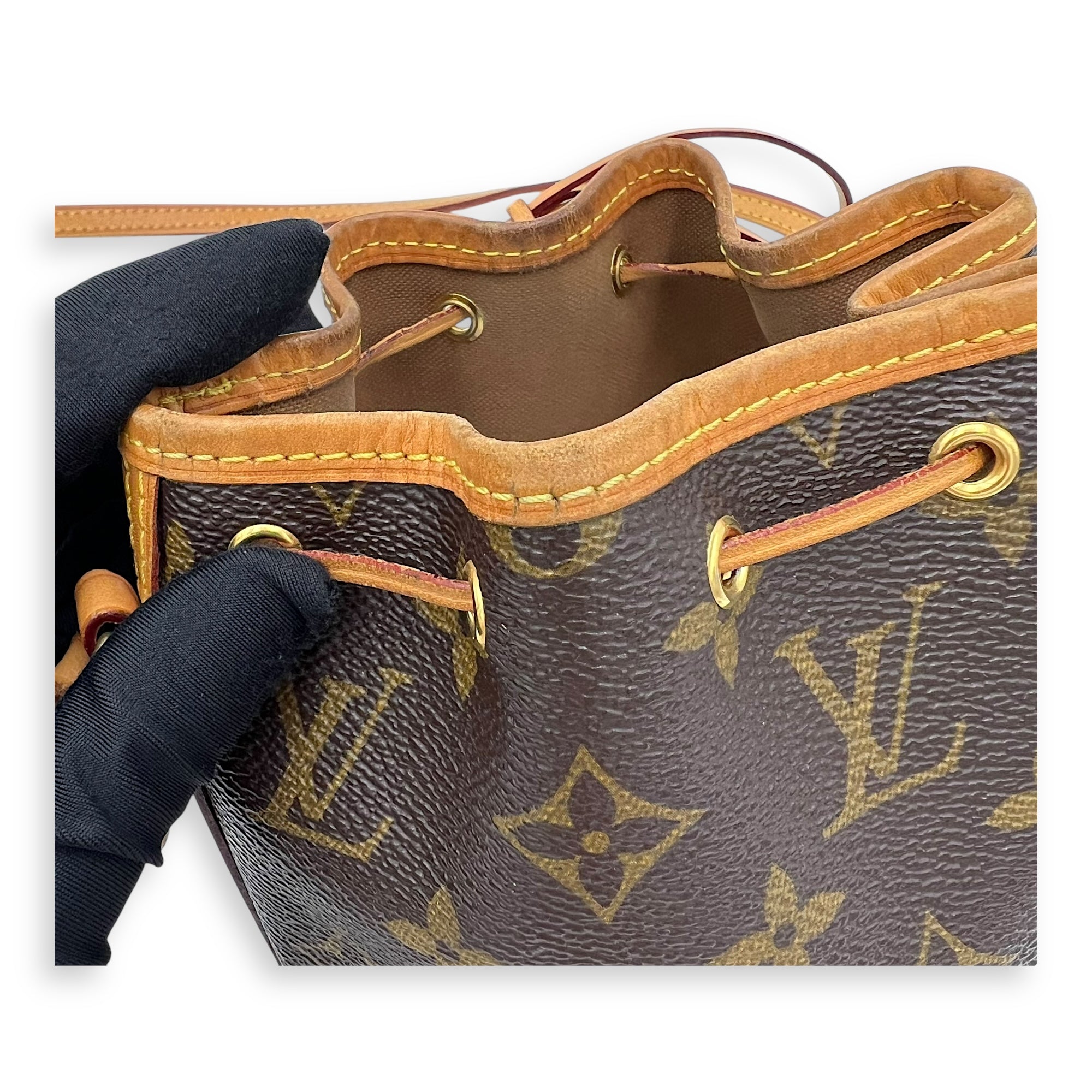 Noe Nano Brown Bucket Bag in Monogram Coated Canvas, Gold hardware - Image 8