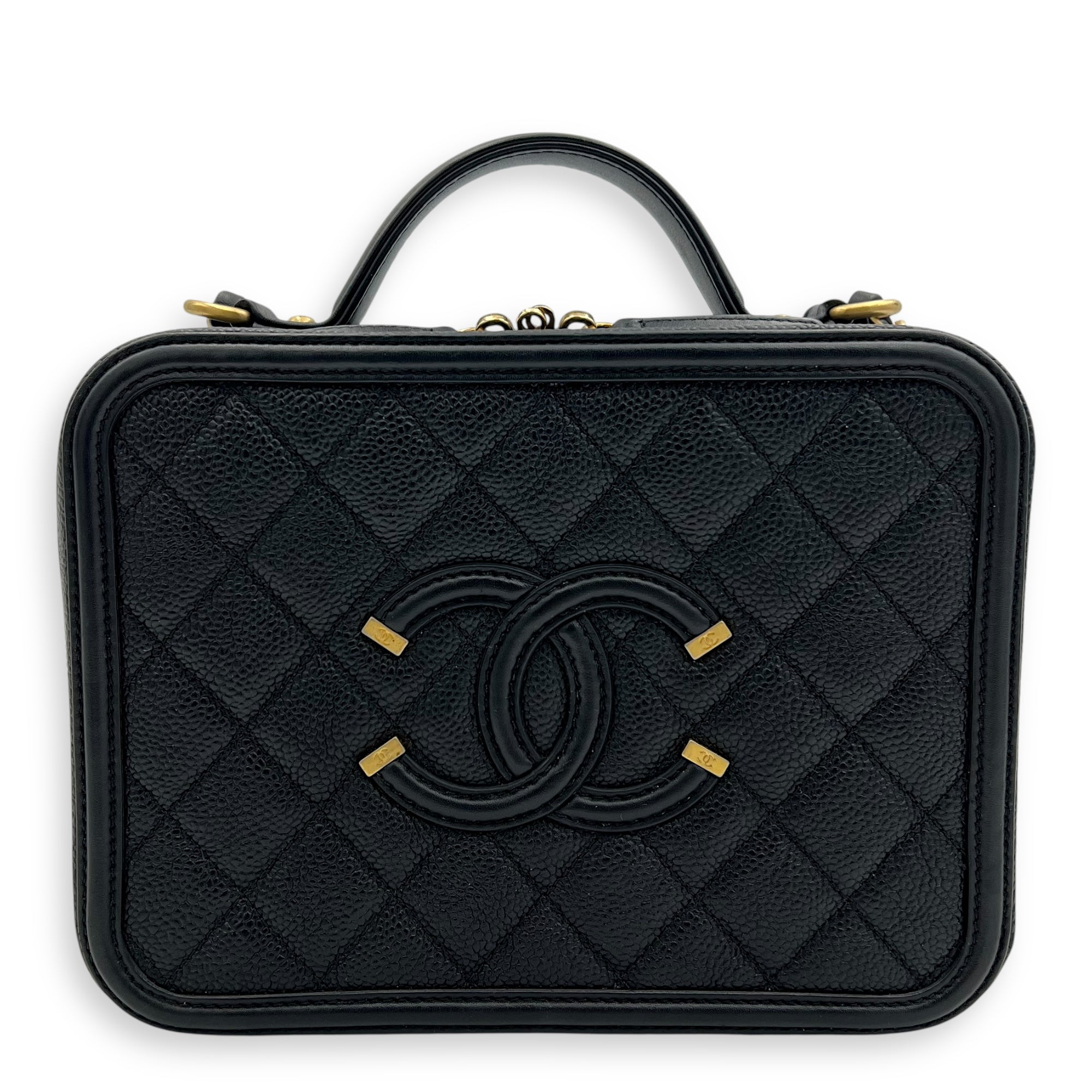 Filigree Medium Black Top Handle Bag in Caviar Leather, Gold hardware