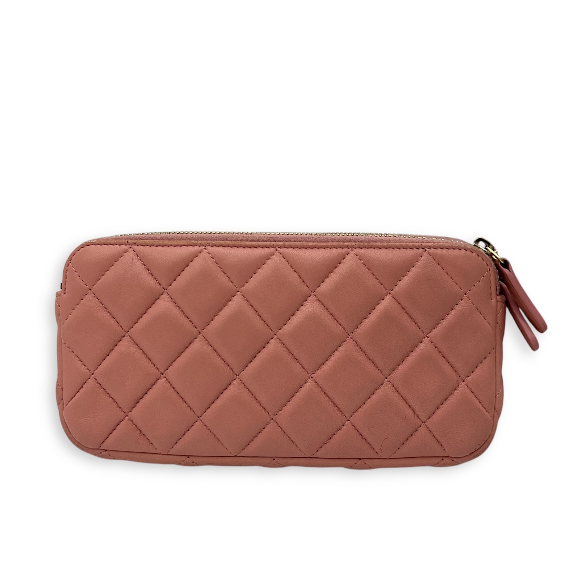 Double Zipped Pink Clutch with Chain in Lambskin, Gold hardware - Image 3