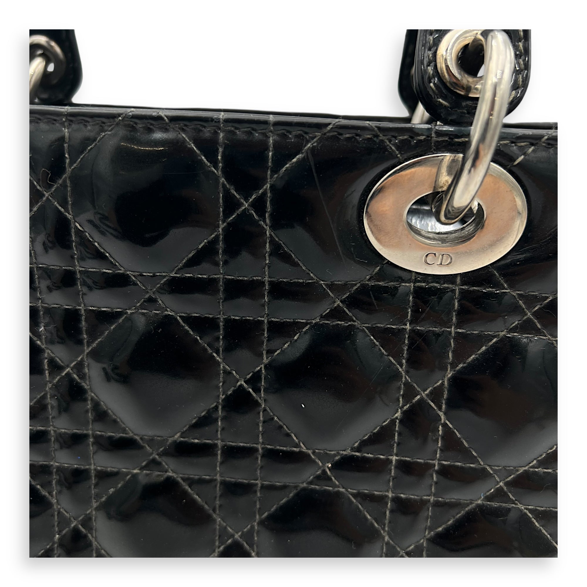 Lady Dior Top Handle Bag Medium Black in Patent Leather, Silver hardware - Image 9