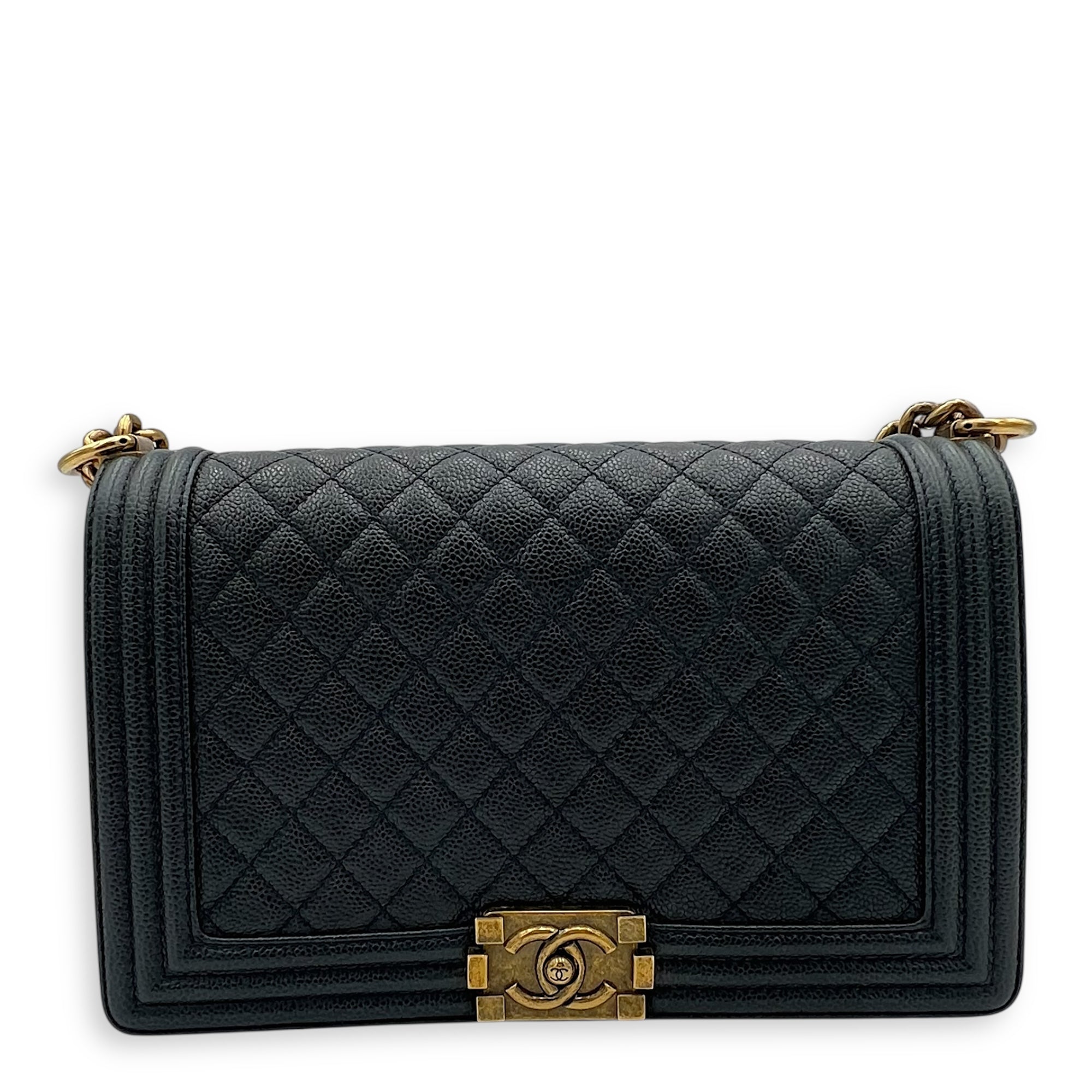 Boy Shoulder Bag Medium Blue in Caviar Leather, Gold hardware