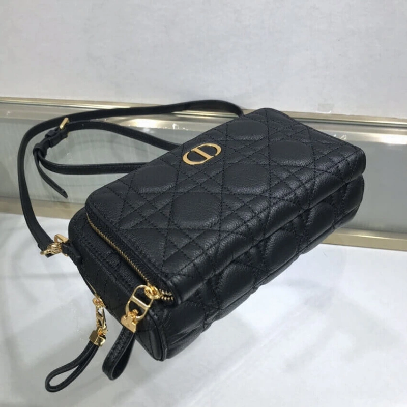 2 card sl Dior Caro Double Pouch Black Supple Cannage Calfskin - Image 9