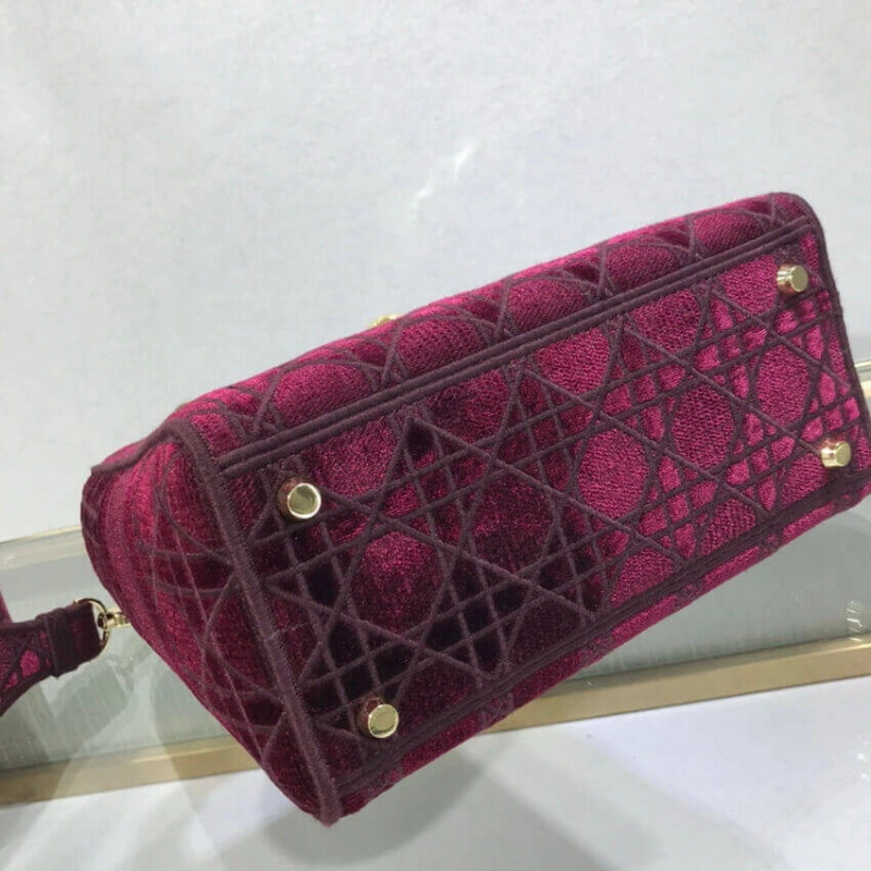 Can be ca Dior Medium Lady D-Lite Bag Burgundy Cannage Embroidered Velvet - Image 9