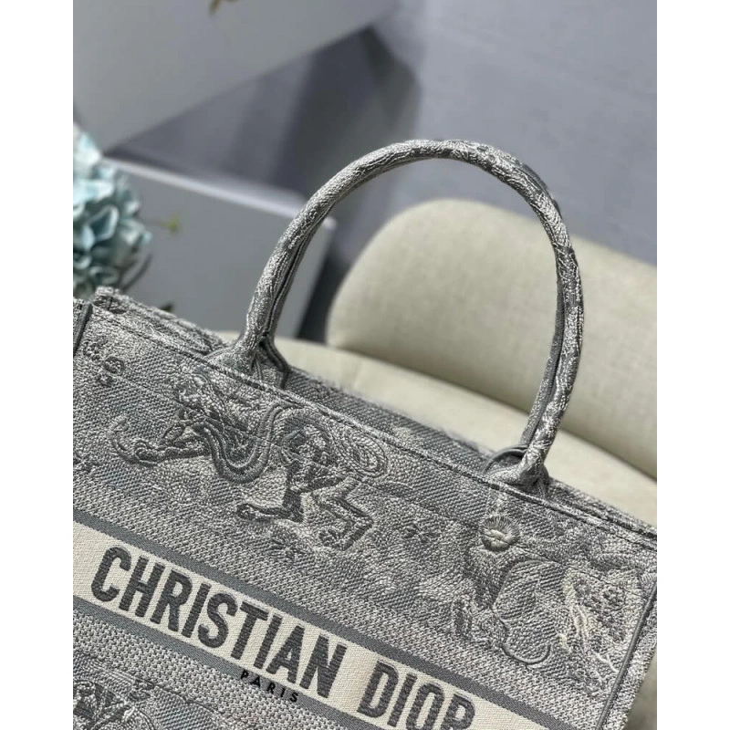 'CHRISTIAN Dior Small Book Tote Gray Toile de Jouy Reverse Embroidery Grey - Image 5