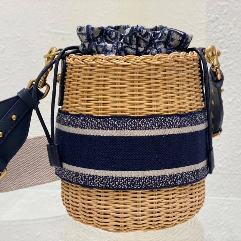 Dior Bucket Bag Wicker and Oblique Motif Canvas Blue - Image 3