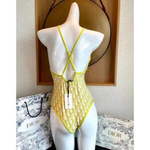 Dior Crisscross Swimsuit Women Oblique with Bee CD Motif Lycra Green