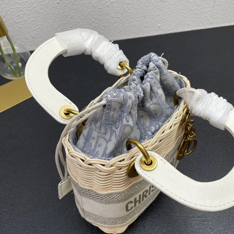 Small Lady Dior Bag Wicker and Oblique Motif Canvas Grey - Image 4