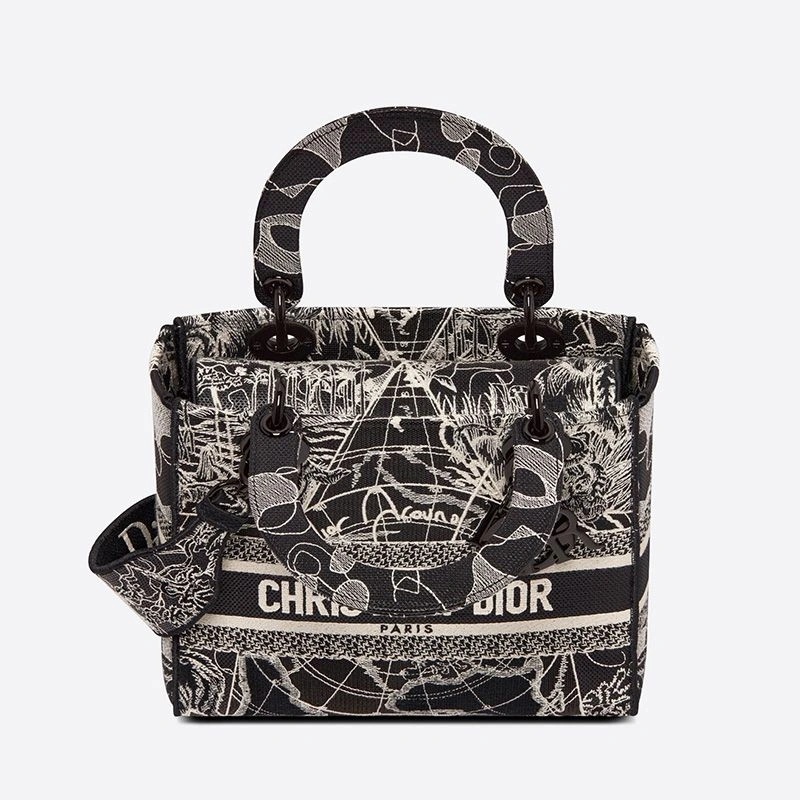 Medium Lady D-lite Bag Around the World Motif Canvas Black - Image 4