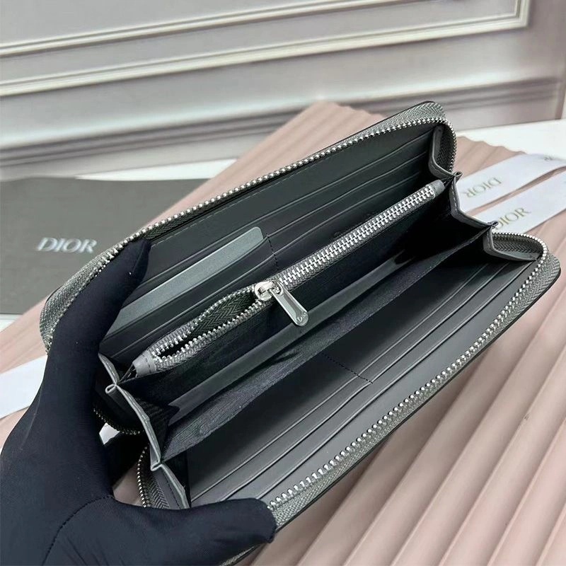 Large Dior Zip Wallet CD Diamond Motif Calfskin Grey - Image 4